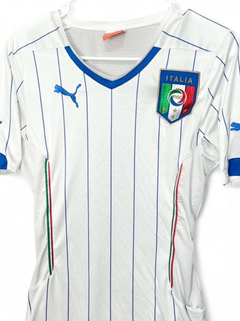 Puma White Jersey with Blue Pinstripes and Tricolor Accents